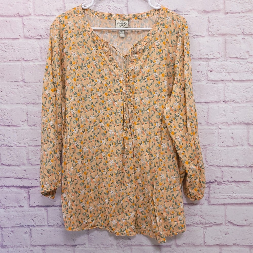 St Johns Bay Orange Boho Floral Blouse XLT Cottagecore Peasant Prairie Granola
